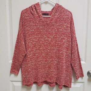 Nally & Millie L/XL Red Cream Striped Long Sleeve Hoodie Sweater Top Hi-low